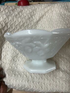 White Milk Glass Pedestal Bowl with Floral Relief
